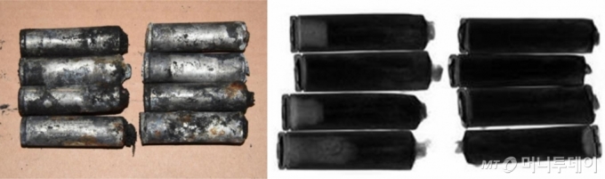 전기차 화재 현장에서 수집한 연소된 리튬배터리와 이를 엑스레이(X-ray)에 투사한 모습./사진=국립과학수사연구원 