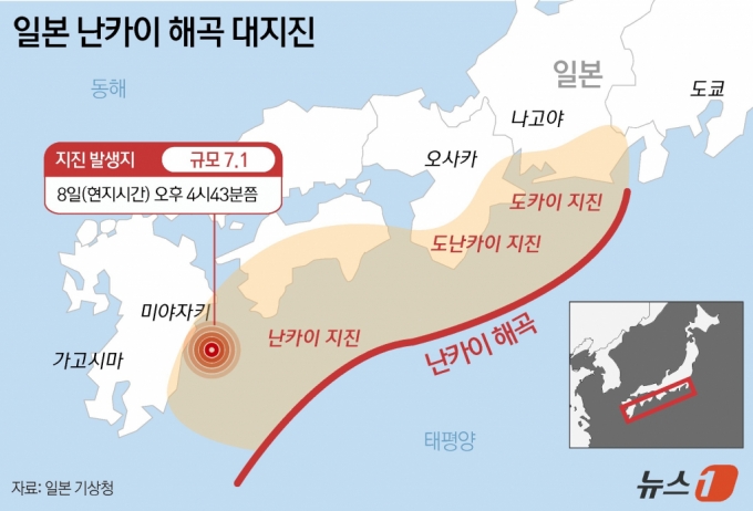 12일 기상청과 일본기상청(JMA) 등에 따르면 일본 정부는 8일 오후 4시 43분께 규슈 남동부 미야자키현 앞바다에서 발생한 규모 7.1 지진 이후 '난카이 해구 지진 임시 정보'를 발령했다./사진=뉴스1