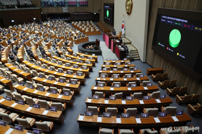 [서울=뉴시스] 조성우 기자 = 5일 오후 서울 여의도 국회에서 열린 제417회(임시회) 제1차 본회의에서 노동조합 및 노동관계조정법 일부개정법률안(노란봉투법)이 재적300인 중 재석 179인, 찬성 177인, 반대 2인으로 통과되고 있다. 2024.08.05. xconfind@newsis.com /사진=조성우