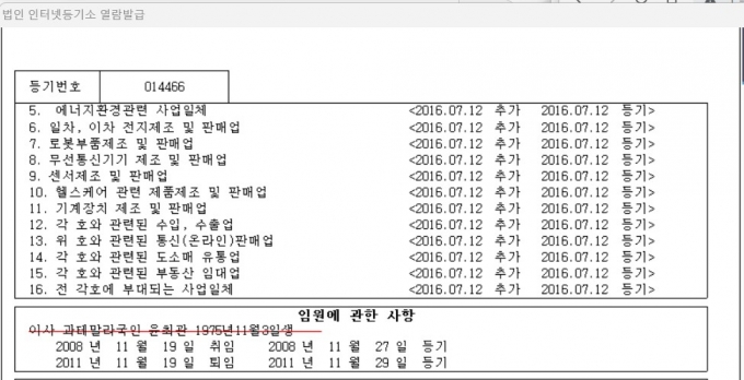 썬텔(현 마크원테크놀러지)의 법인등기부에는 과테말라인 윤최관의 이름이 등재돼 있다./사진=대법원 등기부 등본 출력