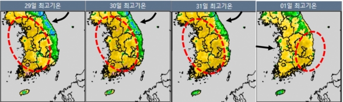 동풍이 부는 오는 31일까지는 서쪽 지역 기온이 높겠고, 이후 서풍으로 바람이 바뀌며 동쪽 지역도 기온이 높아지는 모습/사진제공=기상청