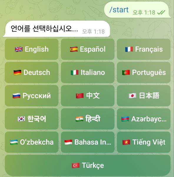 한국어로 자동 번역할 수 있도록 버튼이 마련돼 있었다. 영어, 스페인어, 프랑스어, 중국어, 일본어, 이란어 등 수많은 언어로 번역이 가능했다. /사진=텔레그램 갈무리