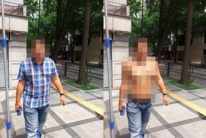 (왼쪽) 딥페이크 사이트에 업로드하기 전의 원본 사진. (오른쪽) 업로드한 뒤 옷 부분을 선택하고 &#039;생성&#039;을 누르니 1분만에 딥페이크 누드 사진이 만들어졌다. /사진=최우영 기자