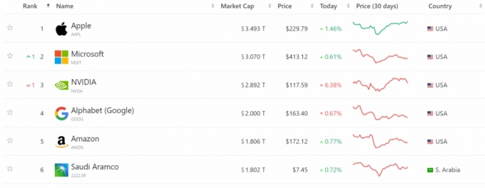 29일(현지시간) 기준 세계 시가총액 순위 /사진=컴퍼니스마켓캡 