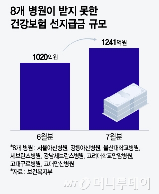 8개 병원이 받지 못한 건강보험 선지급금 규모/그래픽=윤선정