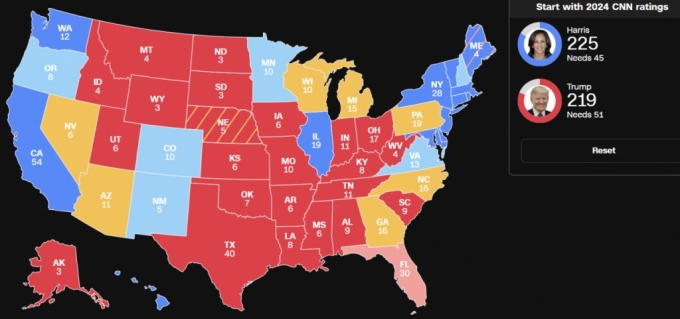 미국 주별 지도와 배정된 선거인단 수. 빨간색과 분홍색이 공화당 강세 지역, 파란색과 하늘색이 민주당 강세 지역, 노란색이 경합주다./사진=CNN