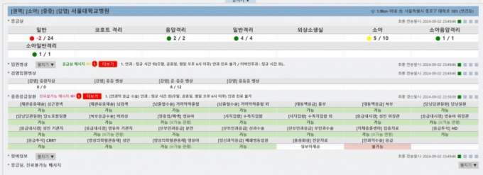 3일 0시 서울대병원의 응급실 현황을 알리는 종합상황판 화면. 정규 시간 외 안과 응급 수술이 불가능하다고 표시돼 있다. /사진=종합상황판 