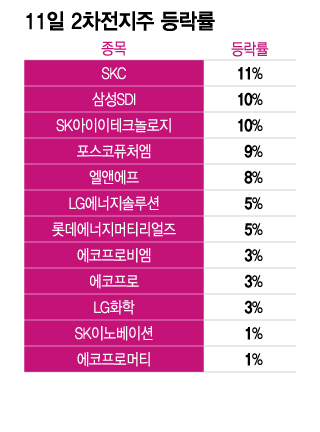 11일 2차전지주 등락률. /그래픽=이지혜 기자.