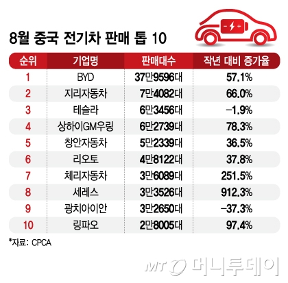 8월 중국 전기차 판매 톱 10/그래픽=김지영