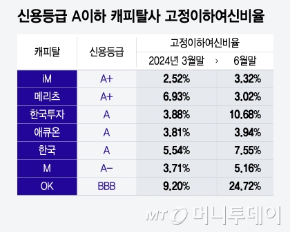 신용등급 A이하 캐피탈사 고정이하여신비율(출처:금융감독원)/그래픽=윤선정