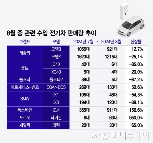 8월 중 관련 수입 전기차 판매량 추이/그래픽=윤선정