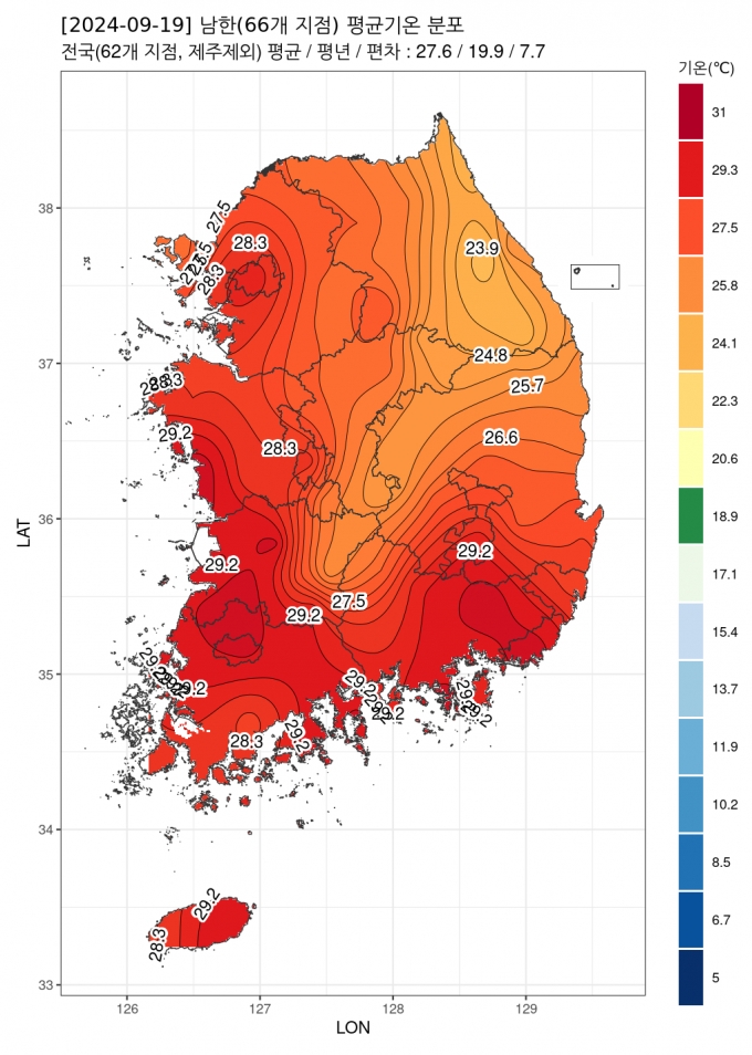 19일 전국 평균 기온이 27.6도를 기록하며 평년(19.9도) 대비 7.7도 높은 기온을 기록했다. /사진=기상청