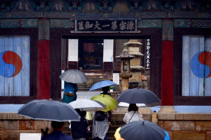 21일 오전 경남 양산시 통도사에 우산을 쓴 시민들이 경내를 걸어가고 있다. /사진=뉴시스