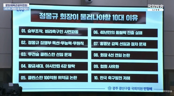 민형배 더불어민주당 의원이 지난 24일 국회 문화체육관광위원회 현안 질의에서 축구협회 노동조합의 성명서와 온라인 커뮤니티의 축구 팬 의견 등을 종합해 '정몽규 대한축구협회 회장이 물러나야할 10대 이유'를 정리해 공개했다.  /사진=유튜브 채널 'NATV 국회방송' 영상 캡처