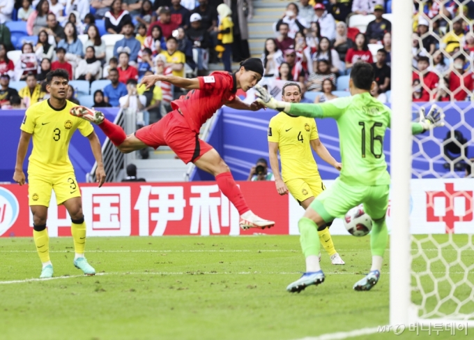 1월 카타르 도하 자심 빈 하마드 스타디움에서 열린 2023 아시아축구연맹(AFC) 카타르 아시안컵 E조 조별리그 1차전 대한민국과 바레인의 경기, 전반 대한민국 조규성이 헤딩슛을 하고 있다. 사진은 기사 내용과 무관함. /사진=뉴시스