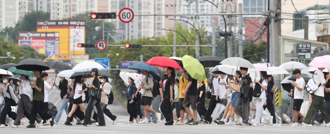  경북 경산시 영남대 앞 횡단보도에서 우산을 쓴 학생들이 길을 건너고 있다. /뉴스1