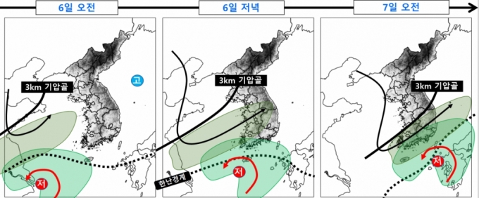 오는 6일 태풍이 만든 따뜻하고 습한 수증기와 저기압이 제주도부터 천천히 북상하는 모습. /사진=기상청