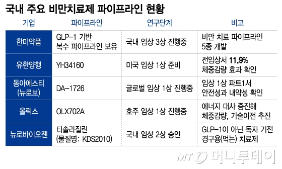 국내 주요 비만치료제 파이프라인 현황/그래픽=이지혜