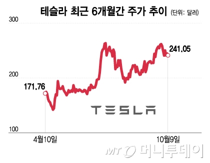 테슬라 최근 6개월간 주가 추이/그래픽=이지혜