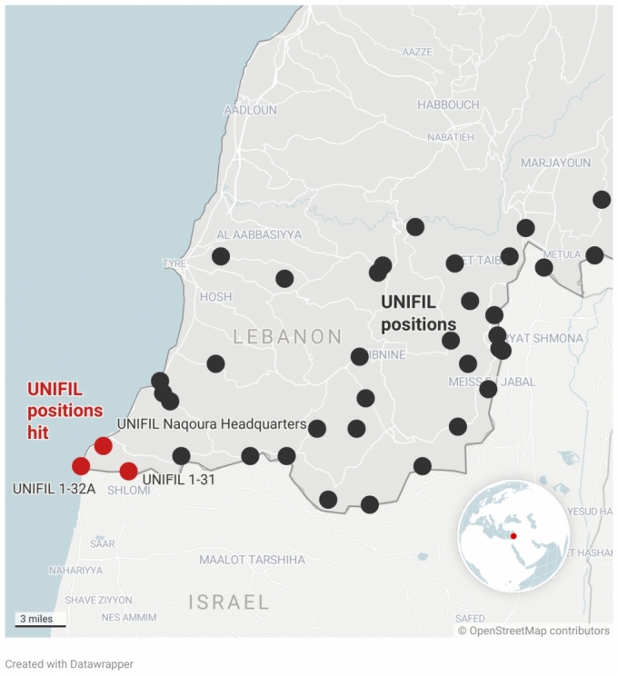 이스라엘-레바논 국경 내 유엔평화유지군 기지 3곳이 10일(현지시간) 이스라엘군의 공격을 받았다. 빨간색으로 표시된 곳이 이스라엘군의 공격을 받은 유엔군 기지 /사진=워싱턴포스트(WP) 갈무리 