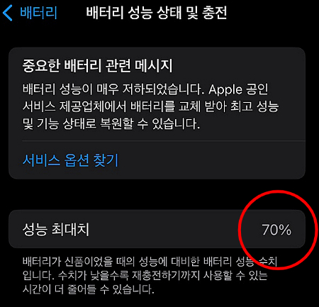 아이폰 배터리 성능 70%면, 수시로 충전해줘야 하는 심각한 상태./사진=남형도 기자