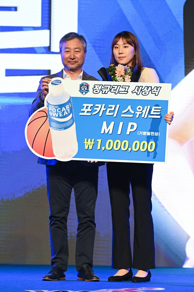 삼성생명 강유림(오른쪽)이 2022~23시즌 WKBL 기량발전상(MIP)을 수상했다. /사진=WKBL