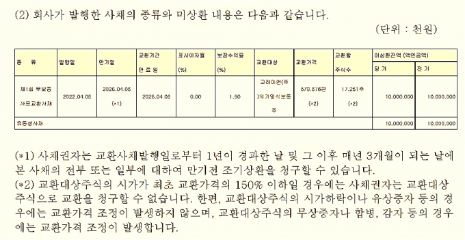 에이알티코퍼레이션의 2023년말 감사보고서. 에이알티가 발행한 무보증사모교환사채 발행 현황/자료=금감원 전자공시시스템 2024년 4월.