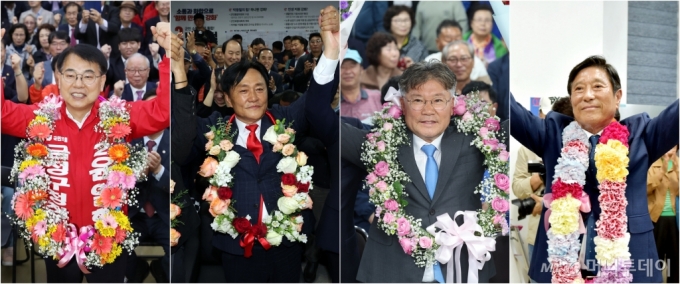 10·16 재보궐선거 당선자들. 왼쪽부터 윤일현 국민의힘 금정구청장 당선자(부산 금정), 박용철 국민의힘 강화군수 당선자(인천 강화), 장세일 더불어민주당 영광군수 당선자(전남 영광), 조상래 더불어민주당 곡성군수 당선자. /사진=(서울=뉴스1) 김명섭 기자,민경석 기자,김동수 기자,윤일지 기자