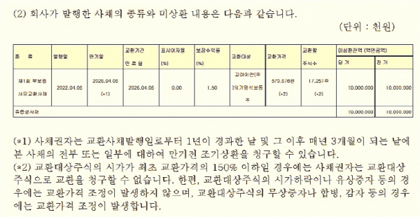 에이알티코퍼레이션의 2023년말 감사보고서. 에이알티가 발행한 무보증사모교환사채 발행 현황/자료=금감원 전자공시시스템 2024년 4월. 