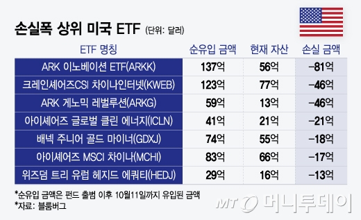 손실폭 상위 미국 ETF/그래픽=윤선정