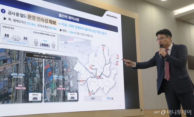 (서울=뉴스1) 박정호 기자 = 조남준 서울시 도시공간본부 본부장이 23일 오전 서울 중구 서울시청에서 서울시 철도지하화 통합개발 계획을 설명하고 있다.   서울시는 경부선·경원선 68㎞ 전 구간의 지하화를 추진해 지상의 선로부지(122만㎡)는 연트럴파크와 같은 대규모 녹지공원으로 조성하고, 역사부지(171만 5000㎡)는 업무시설, 상업시설, 문화시설 등 복합개발한다는 구상을 밝혔다. 2024.10.23/뉴스1  Copyright (C) 뉴스1. All rights reserved. 무단 전재 및 재배포,  AI학습 이용 금지. /사진=(서울=뉴스1) 박정호 기자