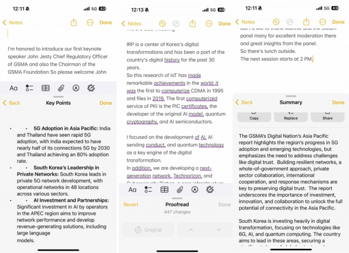 애플 인텔리전스로 문서 키포인트 추출·교정·요약한 모습. /사진=배한님 기자