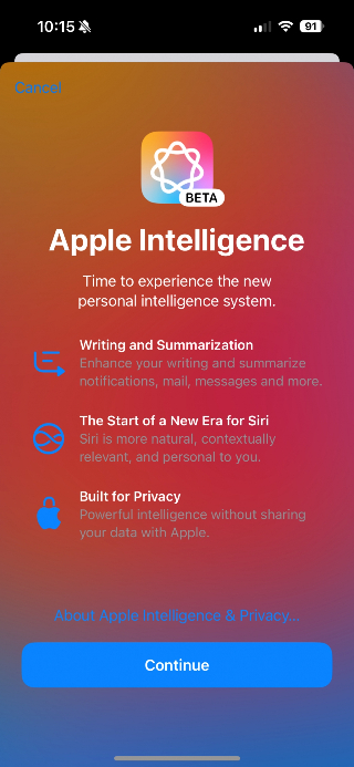 애플 인텔리전스 베타 버전. /사진=아이폰 캡쳐