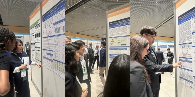 왼쪽부터 한미약품 R&D센터 곽은주 연구원, 박원기 연구원, 유형석 연구원이 국제 암 학술대회 ‘EORTC-NCI-AACR 2024’에서 차세대 항암 신약의 연구 결과 3건이 담긴 포스터 내용을 설명하고 있다./사진= 한미약품
