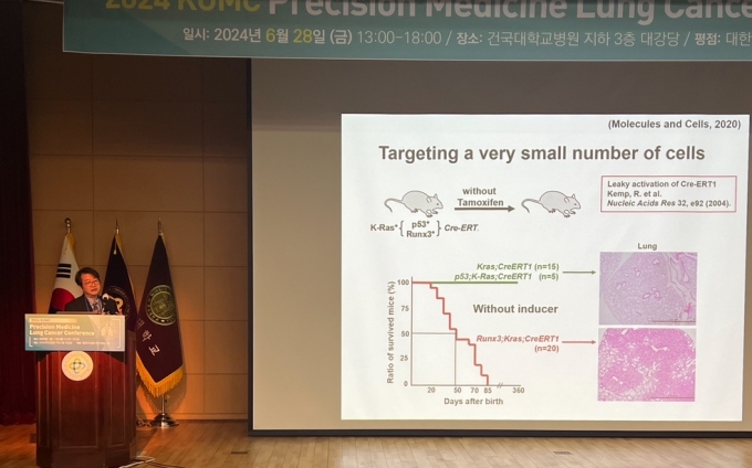 지난 6월 28일 건국대병원 대강당에서 열린 제4회 '건국대병원 정밀의학 폐암 컨퍼런스'에서 배석철 교수가 '폐암 발병을 위한 최소충분조건'을 주제로 발표하고 있다. 그는 이날, 최근 국제학술지 '셀(Cells)'에 실린 논문을 바탕으로 암 유전자 돌연변이로 인한 암 발병에 필수적으로 동반해야 하는 다른 분자적 사건을 설명했다./사진=건국대병원