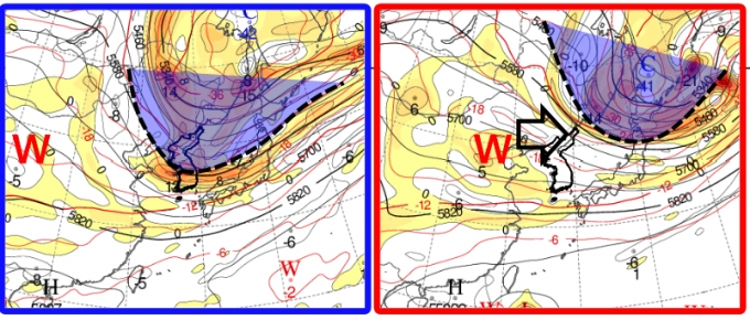 7일 상층을 뒤덮고 있던 차가운 공기(왼쪽)가 오는 8일부터 동쪽으로 빠져나가는 모습(오른쪽). /사진=기상청