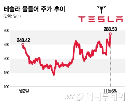 테슬라 올들어 주가 추이/그래픽=김지영