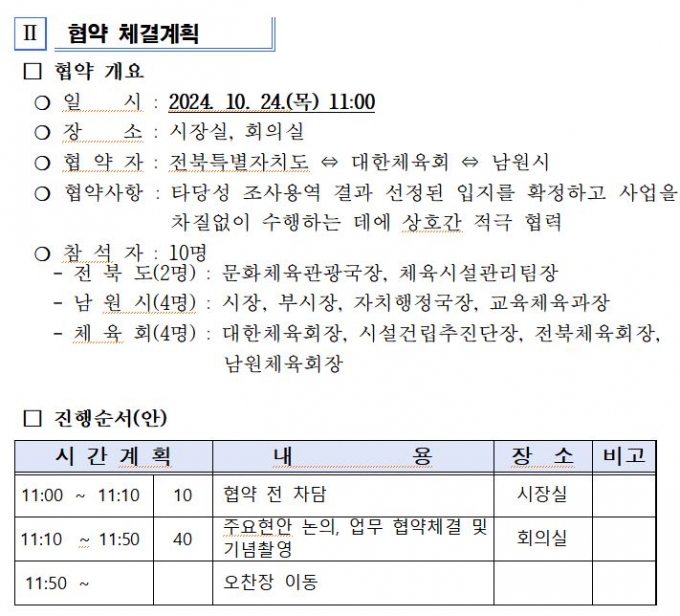 이기흥 대한체육회장이 10월 24일 국회 문체위 종합감사에 불출석한 대신, 참석했던 체육회와 남원시와의 '유소년 스포츠 콤플렉스 입지선정 관련 업무협약식' 일정표/자료= 남원시