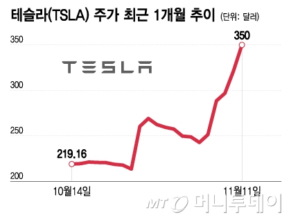 테슬라(TSLA) 주가 최근 1개월 추이/그래픽=이지혜