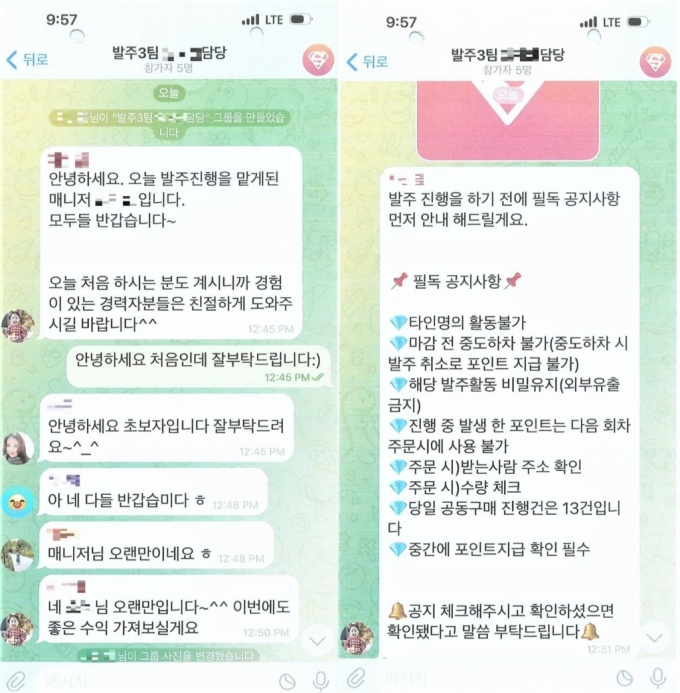 A씨 일당이 텔레그램을 이용해 공동구매 아르바이트 내용을 설명하는 모습. /사진=서울경찰청