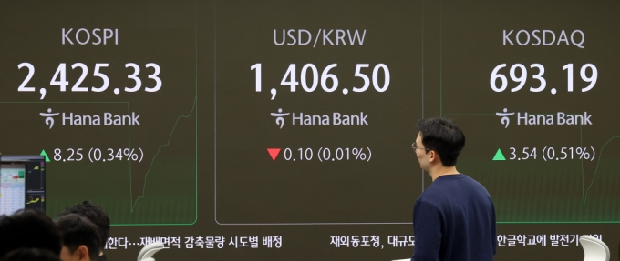 코스피와 코스닥지수가 상승 출발한 14일 오전 서울 중구 하나은행 딜링룸 전광판에 지수가 표시되고 있다.코스피는 전 거래일 대비 13.18포인트(0.55%) 오른 2430.26에, 코스닥지수는4.51포인트(0.65%) 오른 694.16에 장을 시작했다. /사진=뉴시스.