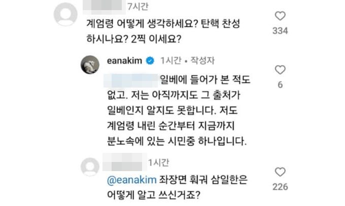 /사진=김이나 인스타그램 댓글. 온라인 커뮤니티