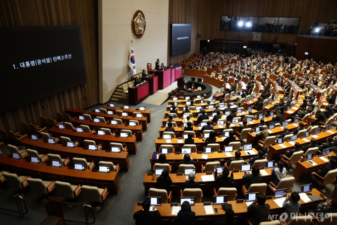 (서울=뉴스1) 김민지 기자 = 우원식 국회의장이 14일 오후 서울 여의도 국회에서 열린 제419회국회(임시회) 제4차 본회의에서 윤석열 대통령 탄핵소추안 가결을 알리고 있다. 2024.12.14/뉴스  Copyright (C) 뉴스1. All rights reserved. 무단 전재 및 재배포,  AI학습 이용 금지. /사진=(서울=뉴스1) 김민지 기자