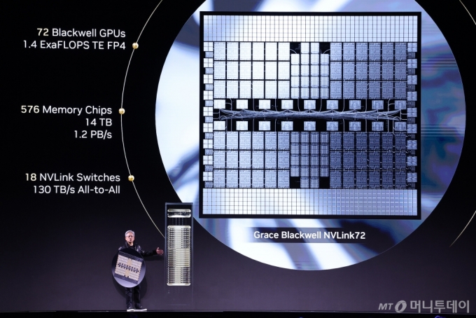 젠슨 황 엔비디아 최고경영자(CEO)가 세계 최대 IT(정보기술)·가전 전시회 &#039;CES 2025&#039; 개막을 하루 앞둔 6일(현지시간) 미국 네바다주 라스베이거스 만달레이베이 컨벤션센터에서 가진 기조연설에서 그레이스 블랙웰 NVLink72을 소개하고 있다. /사진=뉴스1