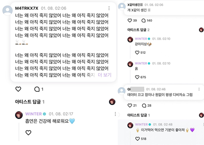 그룹 에스파 윈터의 위버스에 달린 악성 댓글들. 윈터가 악플러들에게 답글을 달았다. /사진=온라인 커뮤니티