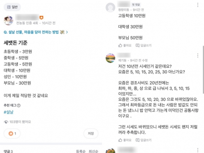 설날 조카 세뱃돈 금액 기준 사례글/사진제공=당근