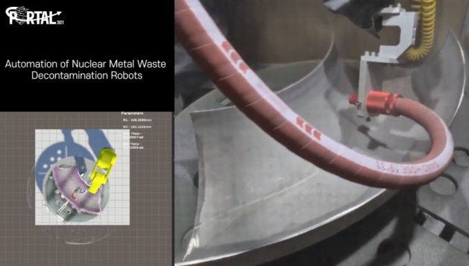 포탈301의 제엄 로봇(오른쪽)이 원전부품 오염을 제거하고, 이 모습이 디지털 화면(왼쪽)에 실시간 구현된다./사진=포탈301 