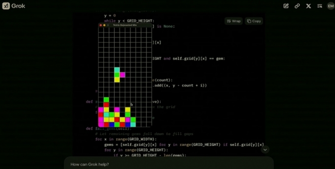 18일(현지시간) xAI가 그록3 시연에서 고전 게임 테트리스와 비주얼드를 합성해 만들어낸 게임 모습. 테트리스처럼 위에서 블록이 내려오면, 사용자가 비주얼드처럼 같은 모양이 가로·세로로 나열되도록 블럭을 맞춰 점수를 얻는 형식이다. 그록3는 테트리스와 비주얼드를 합성한 새로운 게임을 만들어보라는 주문을 받고 10분쯤 뒤 이 게임을 내놨다./사진=xAI 엑스 동영상 갈무리