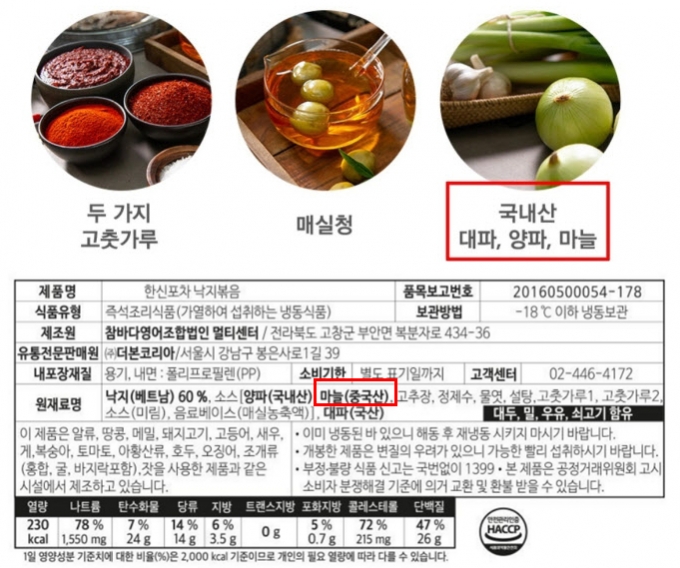 더본코리아 더본몰에서 판매됐던 &#039;한신포차 낙지볶음. 제품 설명엔 &#039;국내산 대파, 양파, 마늘&#039;이라고 적었으나 원재료명에는 &#039;중국산 마늘&#039;로 표기됐다.