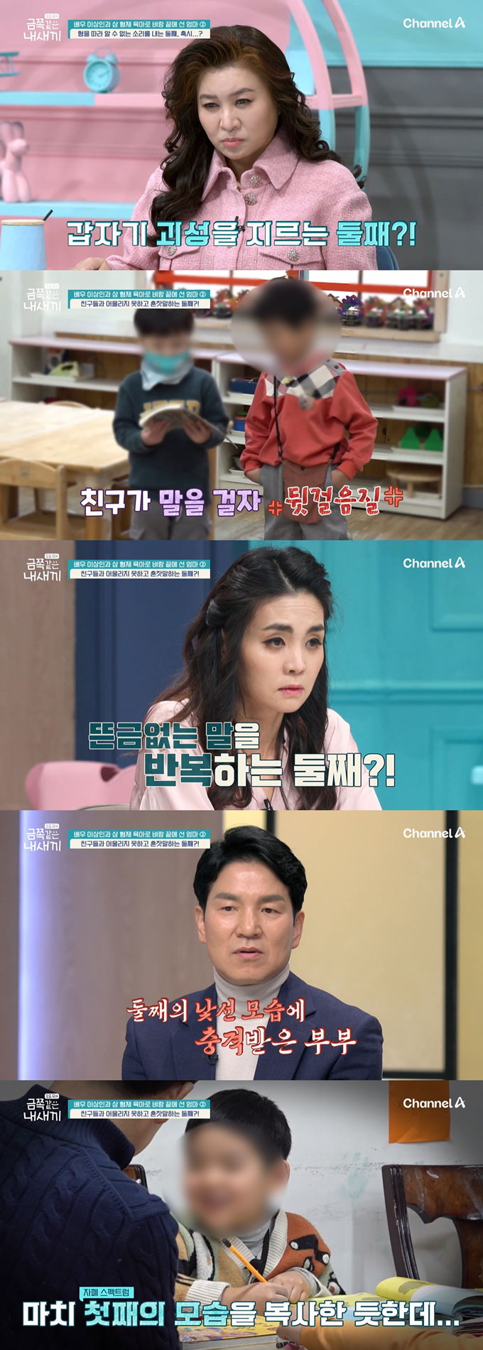 배우 이상인의 둘째 아들이 자폐 스펙트럼 진단을 받은 첫째 형을 모방하는 모습을 보였다. 정신건강의학과 전문의 오은영 박사는 &quot;&#039;자폐 스펙트럼 형을 따라하면 동생도 자폐가 되는 거 아닐까&#039; 걱정할 수 있지만 절대 그렇지 않다&quot;고 강조했다. /사진=채널A &#039;요즘 육아-금쪽같은 내 새끼&#039; 방송 화면 